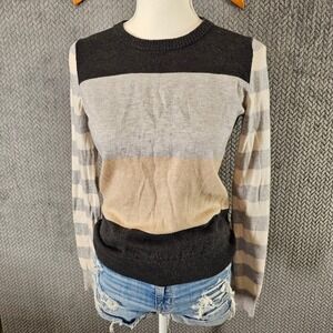 GAP Womens Colorblock Striped Crewneck Sweater Grey Tan Charcoal‎ Long Sleeve S